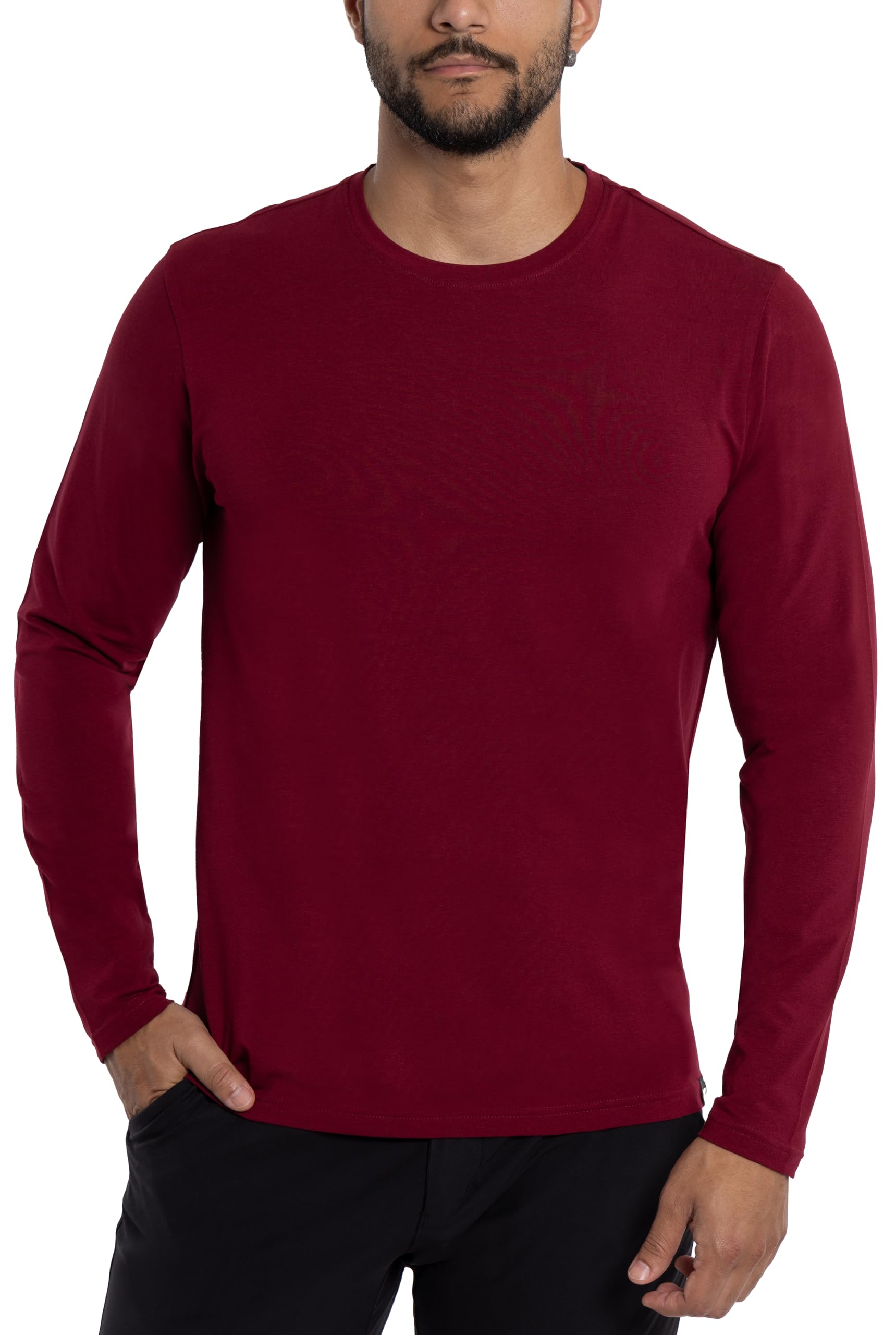 X RAY Mens Crew Neck T Shirts Stretch 95% Cotton Basic Slim Fit Long Sleeve T-Shirt for Men Burgundy Small