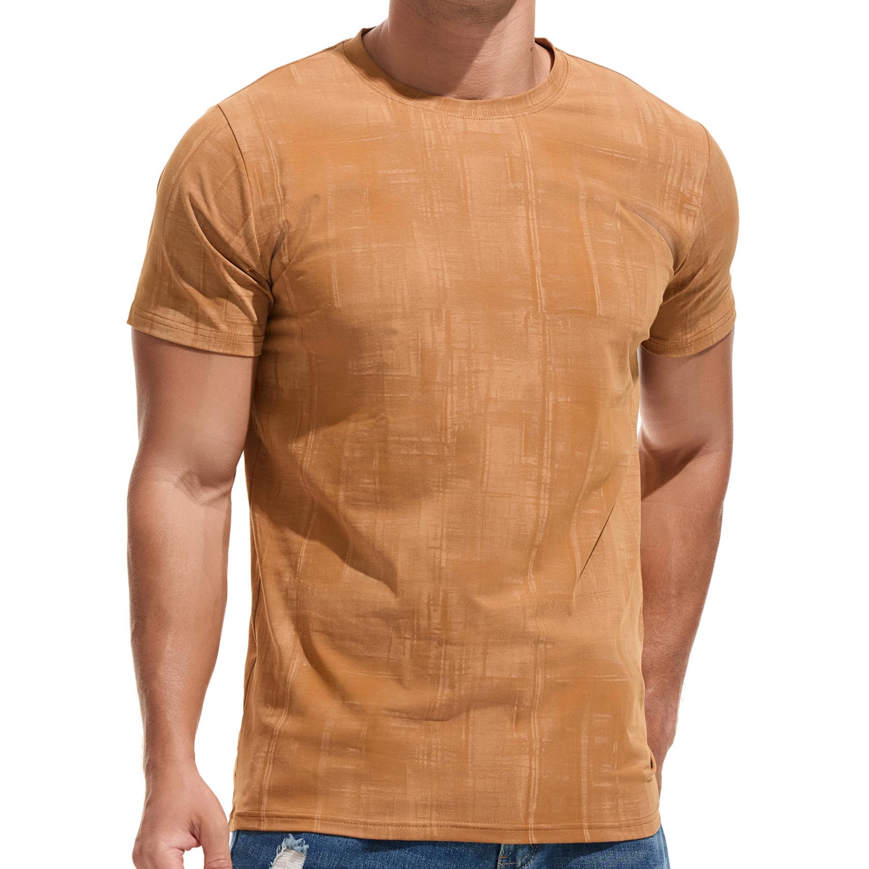 KLIEGOU Mens Light Weight T-Shirts - Elastic Cotton Crew Neck Tees 2566 Light Brown XL